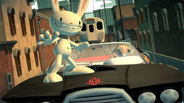 Sam & Max: The Devil's Playhouse - Max surfing on the hood of the DeSoto